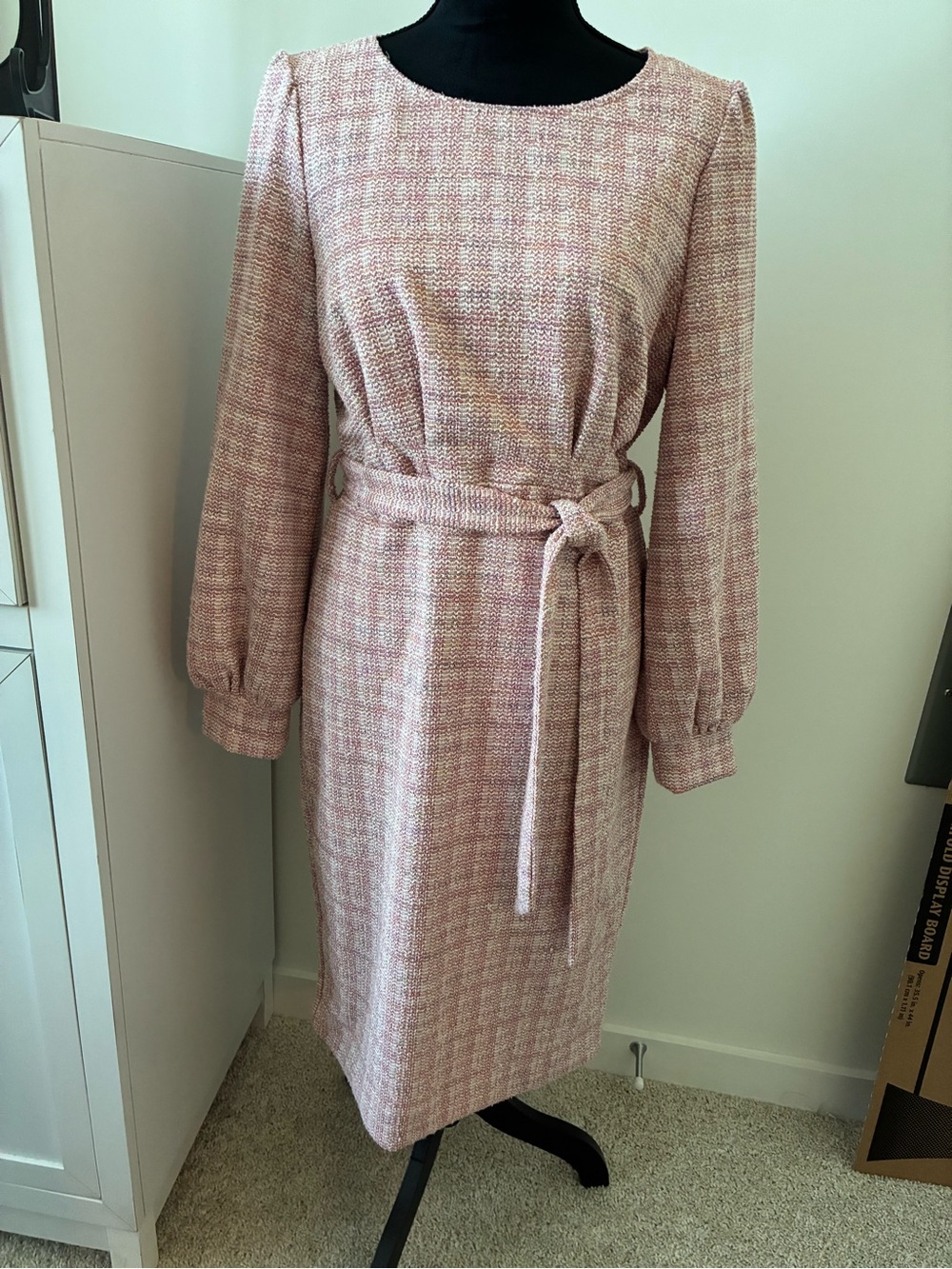 Long-Sleeve Pink Tweed Belted Midi Dress